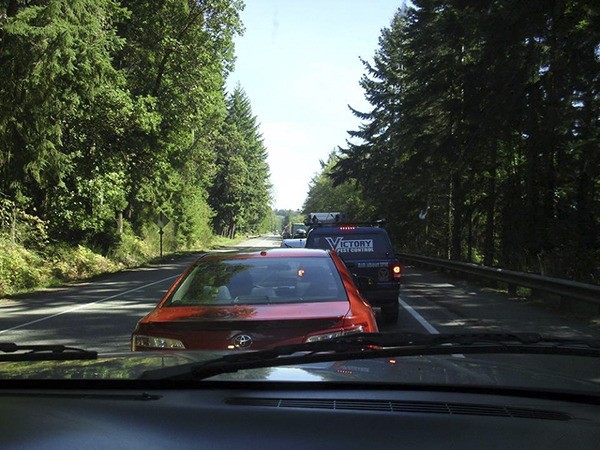 This was the view Wednesday afternoon as vehicles were backed up for miles as the Hood Canal Bridge was stuck open.