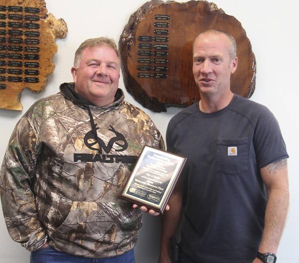 Pictured with the award are Danny Wahlgren, who oversees the Wastewater Treatment Plant, and Paul Hampton, Public Works Director. Wahlgren said, “It is nice to see something positive for the city, these awards mean more to me now than they used to.” The two also said other city employees that help at the plant are; Mike Marshall, Tim Smith, Joseph Gaydeski, and Ivan Cowles. Photo Christi Baron