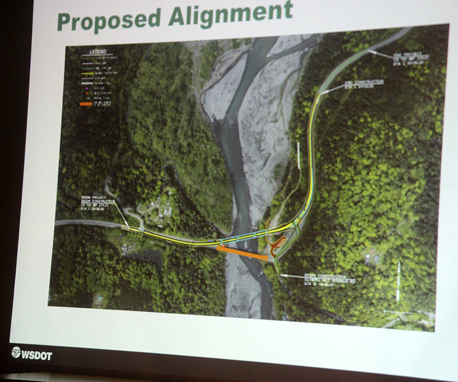 This slide shown at the WSDOT presentation shows the old bridge in orange and the new alignment above.