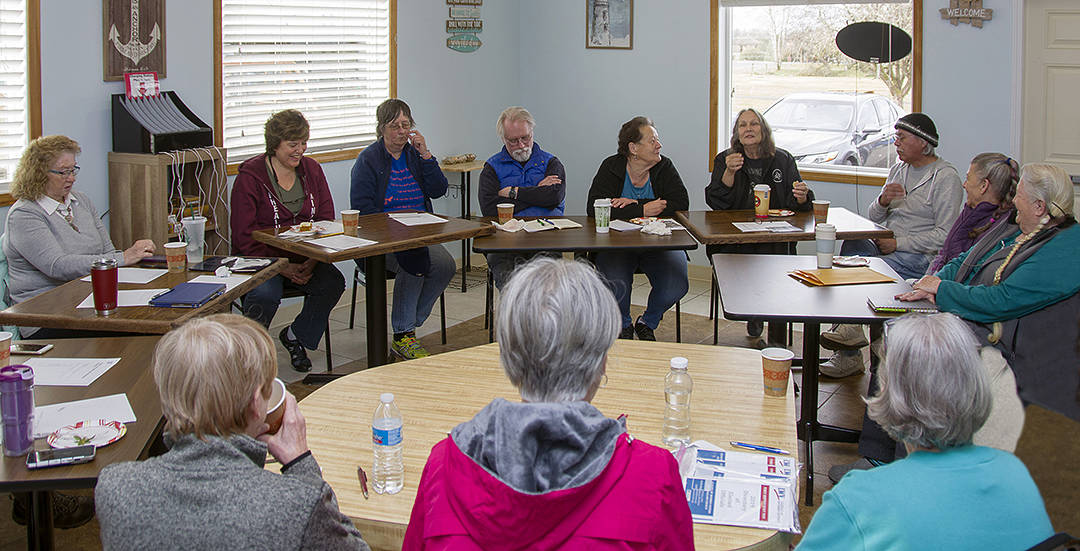 At last Saturday’s Folks For Change meeting, the League of Women Voters of Clallam County gave a one-hour presentation and Question and Answer session for the group. Photo Dave Youngberg