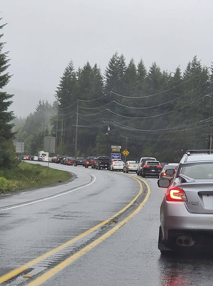 Vehicles coming into Forks on Saturday afternoon found this back-up, with the same scene repeated for those leaving town. An accident near the Forks sign and Calawah Park entrance had traffic at a standstill. Photo Suzanne Davis