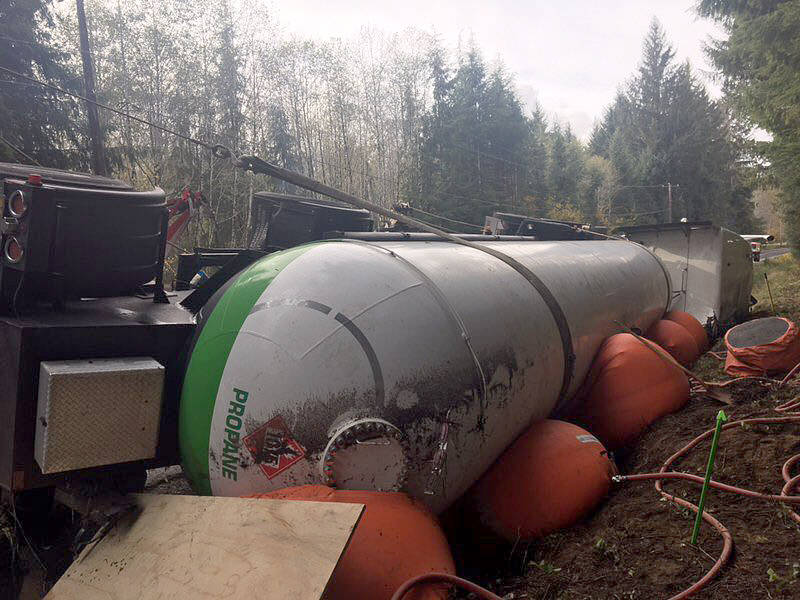 Workers late last Tuesday afternoon deployed large airbags to right an overturned propane tank-trailer and semi-truck that was driven into a ditch Monday evening 4 miles south of Forks on U.S. Highway 101. The tanker was fully loaded with 10,000 gallons of propane that was transferred to another tanker. WSP Photo