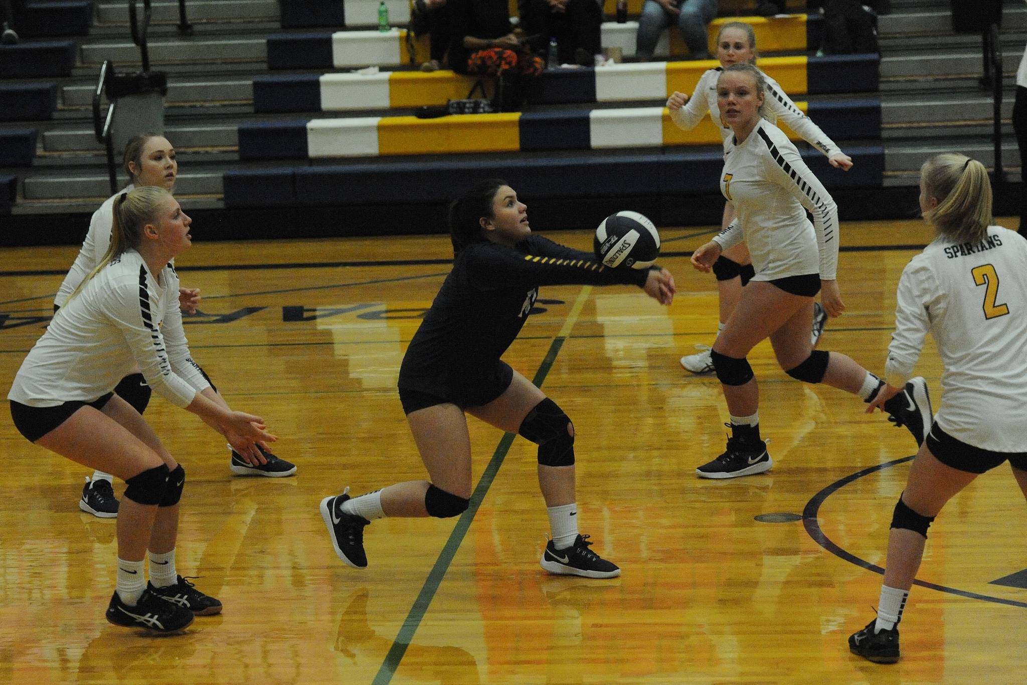 Spartan Myah Rondeau sets while teammates clockwise; Kesia Rowley, Colbie Rancourt, Kadie Wood, Kyra Neal and Emily Adams (2) look on. Forks defeated Tenino 25-17, 25-7, and 25-10 in this Evergreen league contest. Photo by Lonnie Archibald