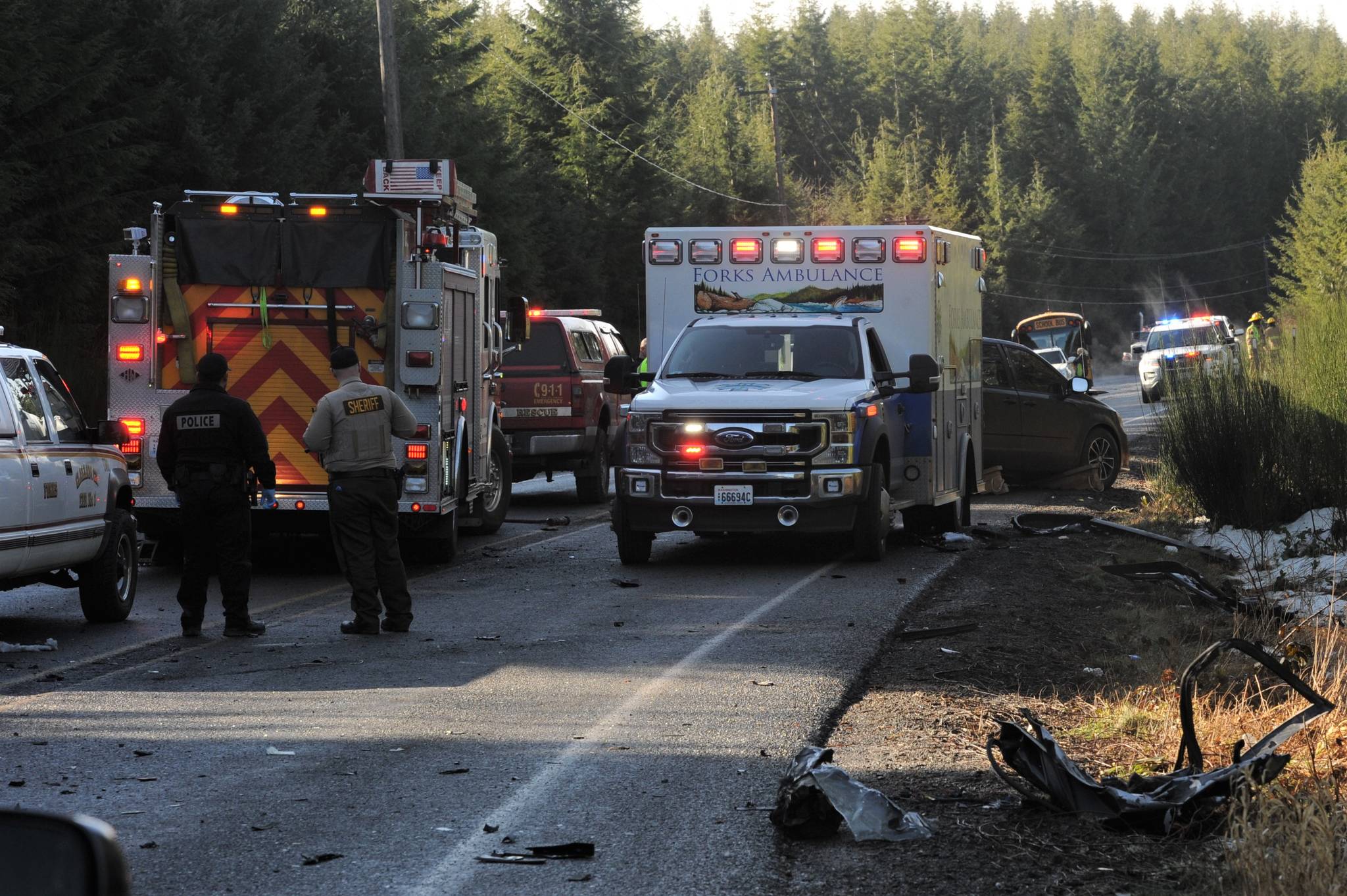 This is the scene of a vehicle accident that occurred Wednesday, Feb. 17 near milepost two and a half on the LaPush Road (State Highway 110).  Photo by Lonnie Archibald.