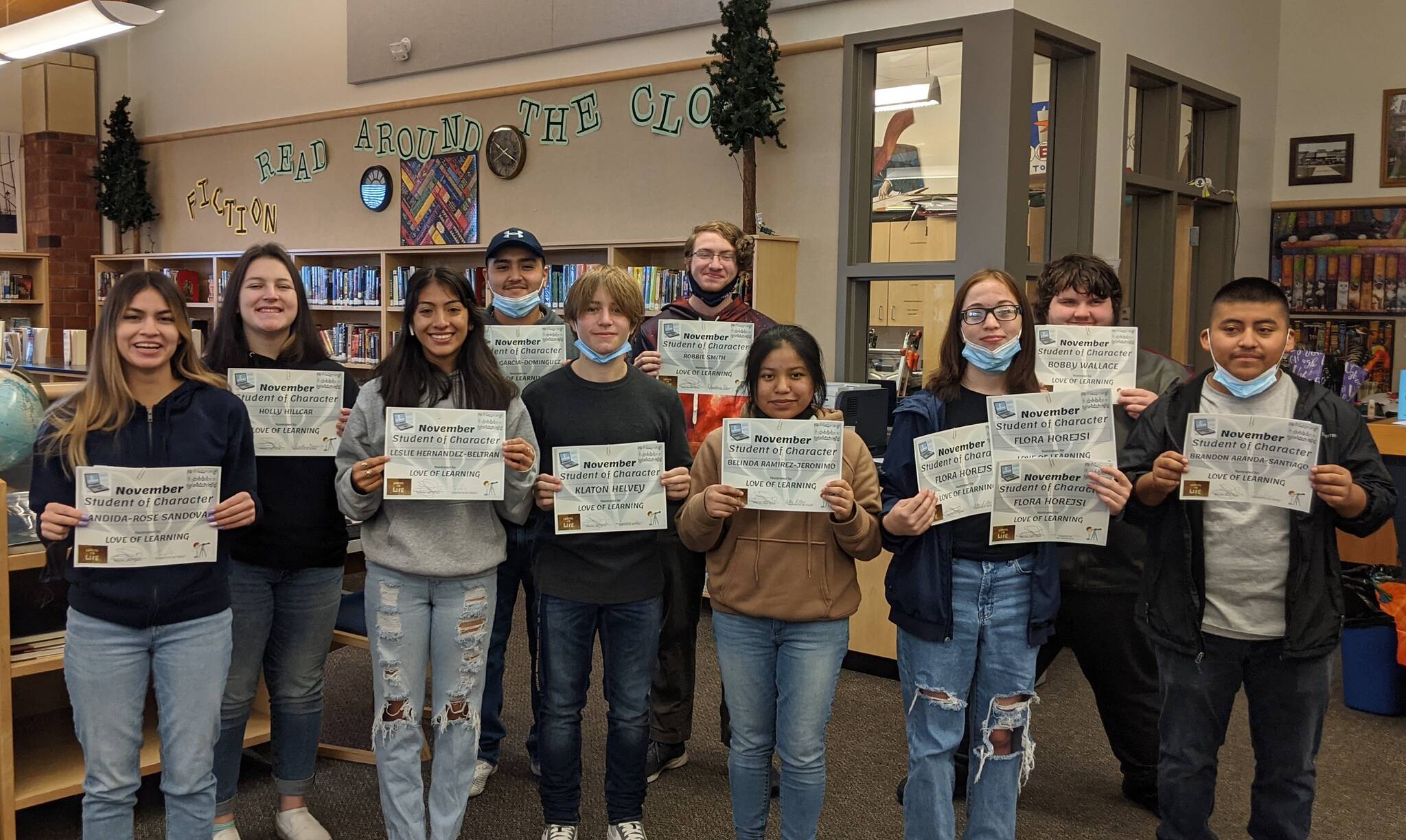 Forks High School students were selected by staff for Student of Character. The trait for November was “Love of Learning”.
Left Front- Candida-Rose Sandoval, Leslie Hernandez-Beltran, Klaton Helvey, Belinda Ramirez-Jeronimo, Flora Horejsi, Brandon Aranda, Left Back- Holly Hillcar, Hector Garcia-Dominguez, Robbie Smith, Bobby Wallace. Submitted Photo