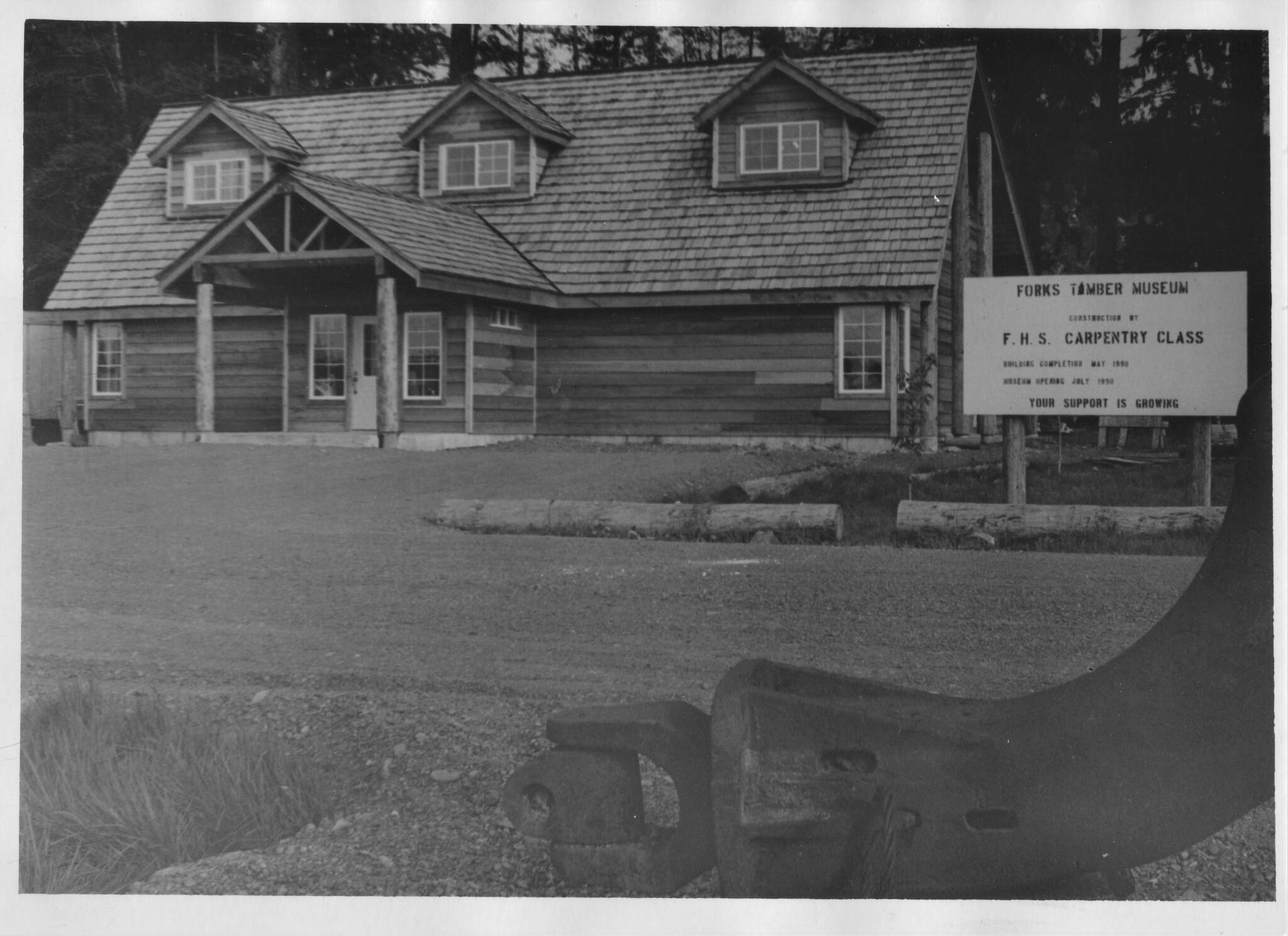 This is the near-finished Forks Timber Museum built by the FHS carpentry class in 1990. Photo by Lonnie Archibald