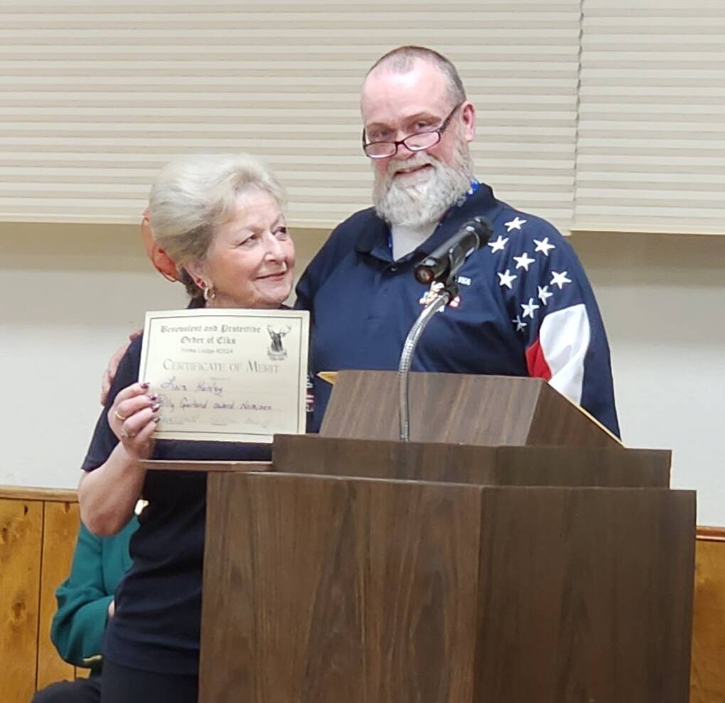 Polly Garland award winner Lois Hunley with Forks Elks Lodge PER Mike Leavitt. Photo Katie Krueger