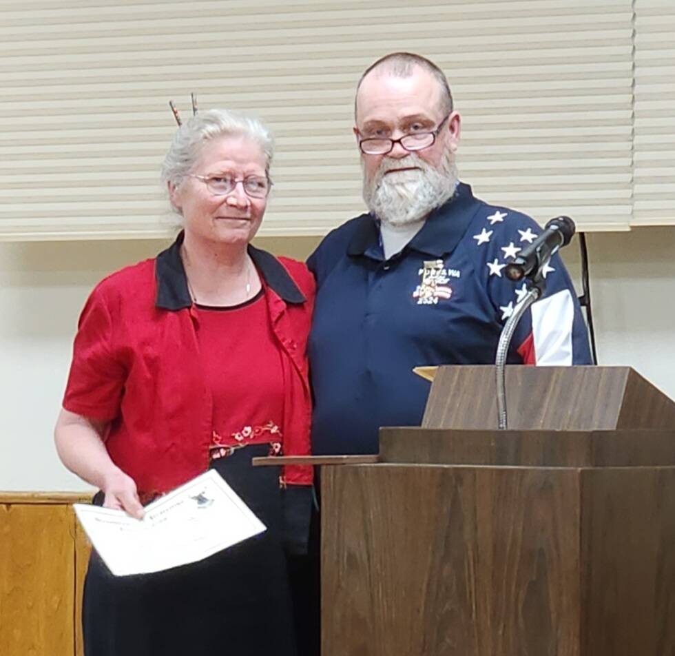 Deborah Dillon with Mike Leavitt at the recent awards ceremony at the Forks Elks Lodge. Photo Katie Krueger