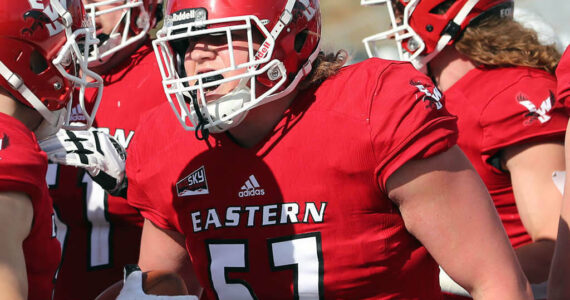 Eastern Washington Athletics Forks’ Luke Dahlgren (57), gets pumped up with a teammate before an Eastern Washington football game. Dahlgren has been named one of four team captains by team coaches ahead of his redshirt senior season.