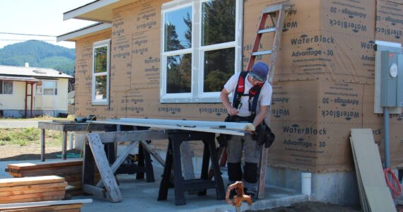 Houses are taking shape on Maloney Lane but more work needs to be done …A participant works last Friday to get siding on one of the homes before the winter rains arrive. If you have a few hours to spare come roll up your sleeves and join in this incredible effort which will result in five Forks families (a total of nine adults and ten children) achieving a crucial amount of financial stability by finally owning their own homes. No skills are required all sorts of help would be welcomed, from cleanup to assisting with more difficult tasks.With funding from USDA grants and overseen by Peninsula Housing Authority (PHA), this project empowers groups of families to collectively build homes for themselves and each other, using sweat equity and volunteer labor. Photos Christi Baron