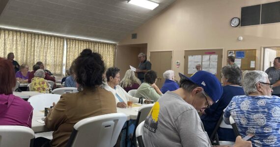 Pastor Warren Johnson shares some 
announcements at the monthly Senior Luncheon at the Forks Congregational Church, 
280 Spartan Ave., last Wednesday. 
Attendees enjoyed BBQ burgers 
with potato and macaroni salads with ice cream sundaes for dessert. 
The Senior Lunch takes place on the second Wednesday of the month and is Free! Doors open at noon and lunch service begins at 12:30 p.m. 
Photo Christi Baron