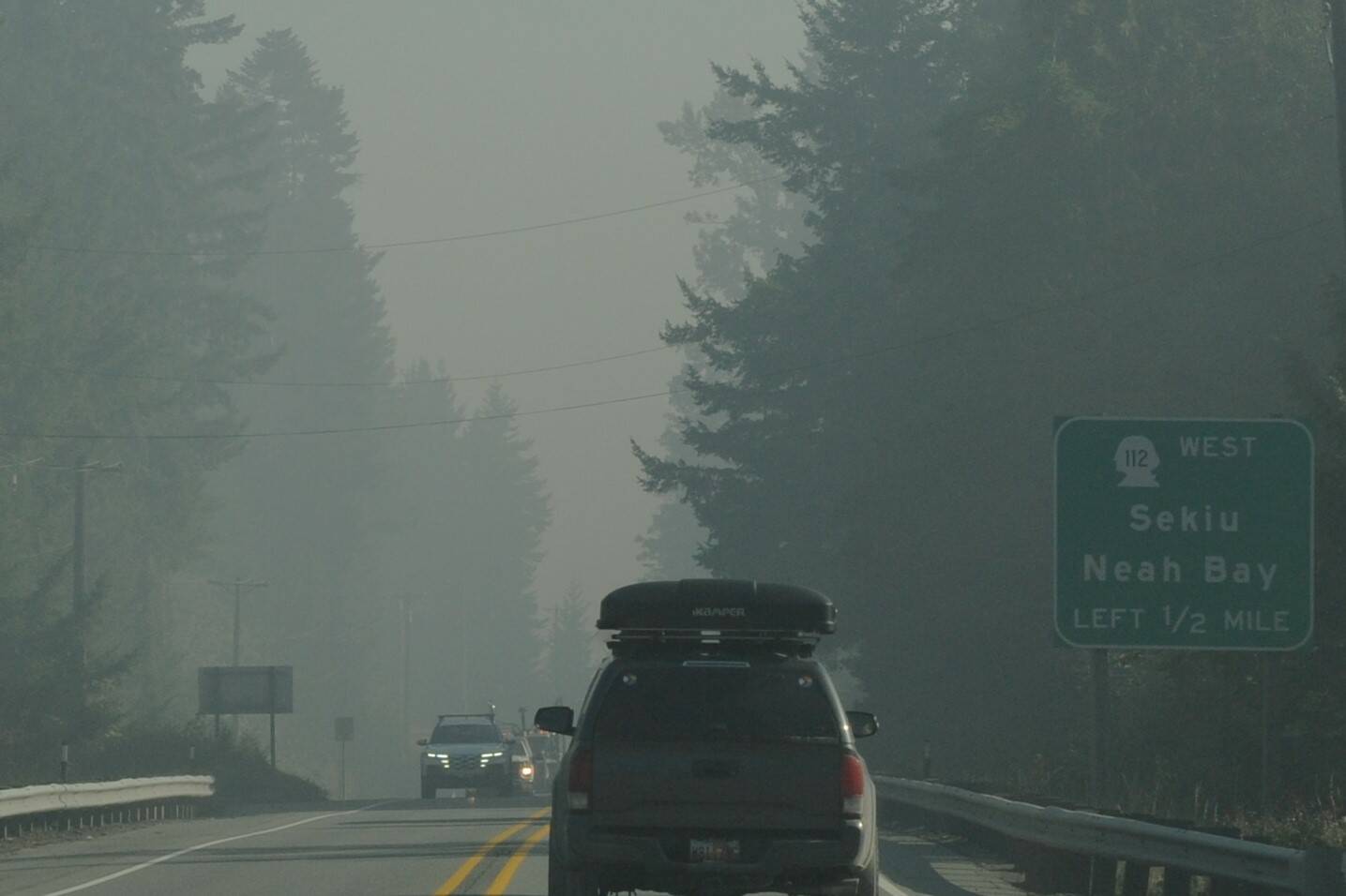 Smoke from fires in the ONP blanketed the area from Lake Crescent to Port Angeles on the morning of Thursday, Sept. 21. Pictured here the smoke was dense as one entered the junction of Highway 101 and Highway 112 west of Port Angeles. Photo by Lonnie Archibald