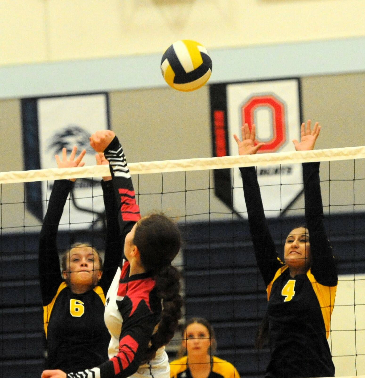 In JV volleyball action Tuesday, Sept. 26 Spartans Riley Tjepkema (6) and Kailani Gorum (4) go for the block against Neah Bay who Forks defeated 2 to 1. Photo by Lonnie Archibald