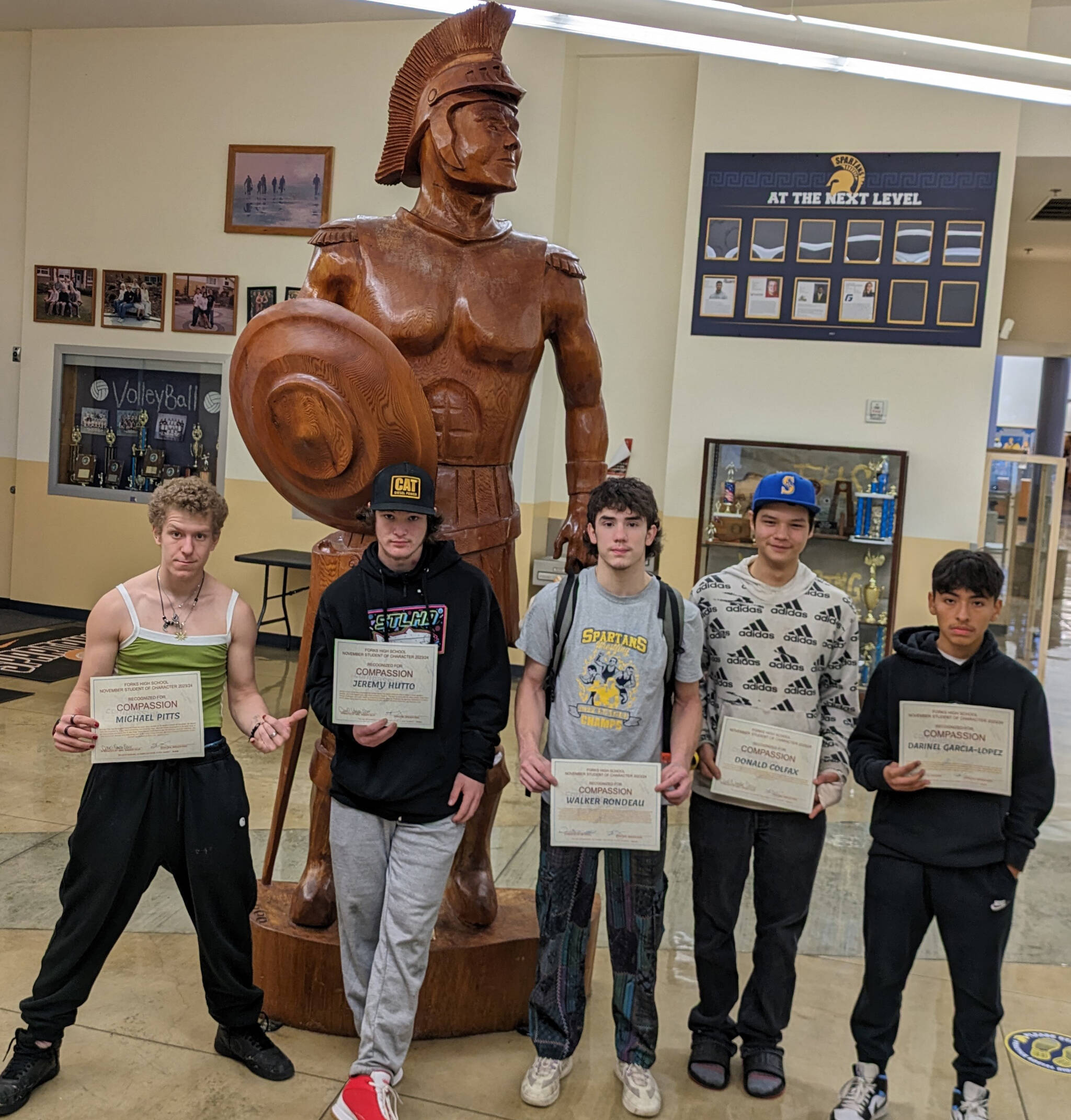 Forks High School celebrated November Students of Character with goodies, stickers, and certificates. It was a small group but these 6 students were recognized for their “Compassion”. Left: Michael Pitts, Jeremy Hutto, Walker Rondeau, Donald Colfax, Darinel Garcia-Lopez. Not pictured Hunter Dent. Submitted photo