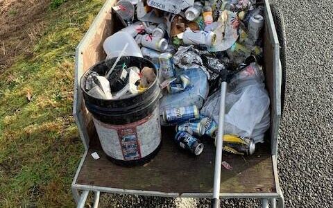 Out the window trash, my 2nd cart full off Bogachiel Way, in the County. BTW, CCSO Chain gang is not picking roadside trash now due to a shortage of Deputies. Photo Randy Mesenbrink