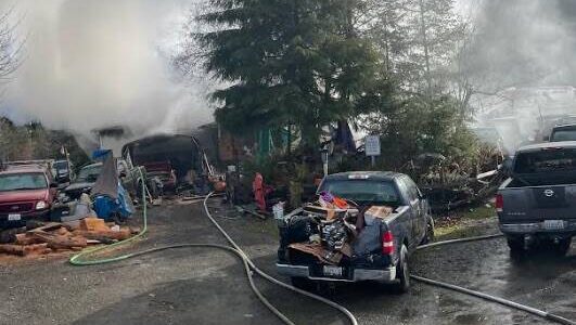 Clallam County Fire Protection Dist.#1 was called to this fire on Calawah Way on New Year’s Day just before 11 a.m. Fire chief Bill Paul shared that the manufactured home was occupied at the time and all were able to exit without any injuries. The structure was a total loss. Ten CCFPD#1 firemen responded to the incident as well as three EMS; 15,000 gallons of water was used to extinguish the blaze. Photo CCFPD#1