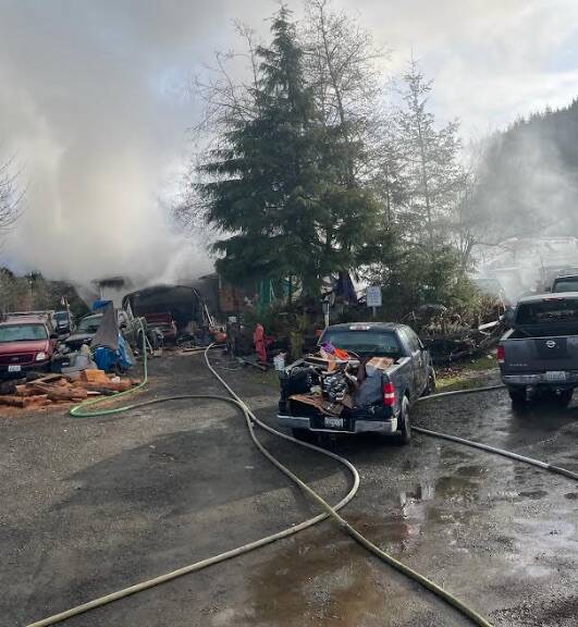 Clallam County Fire Protection Dist.#1 was called to this fire on Calawah Way on New Year’s Day just before 11 a.m. Fire chief Bill Paul shared that the manufactured home was occupied at the time and all were able to exit without any injuries. The structure was a total loss. Ten CCFPD#1 firemen responded to the incident as well as three EMS; 15,000 gallons of water was used to extinguish the blaze. Photo CCFPD#1