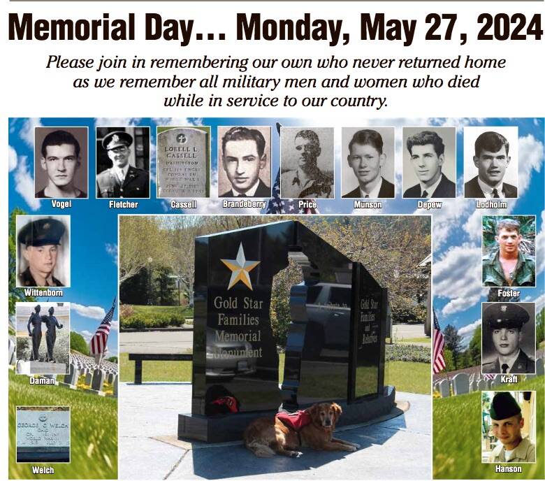 Recently Dudley the Golden Retriever took a moment to reflect near the Gold Star Families Memorial Monument at the Forks Transit Center. We all should take a moment to reflect on Memorial Day and remember those who did not come home again … The Forks American Legion Post 106 will host a Memorial Day Ceremony on Monday, May 27, at 11 a.m. at the Forks Cemetery. The community is invited to attend. Photo Christi Baron