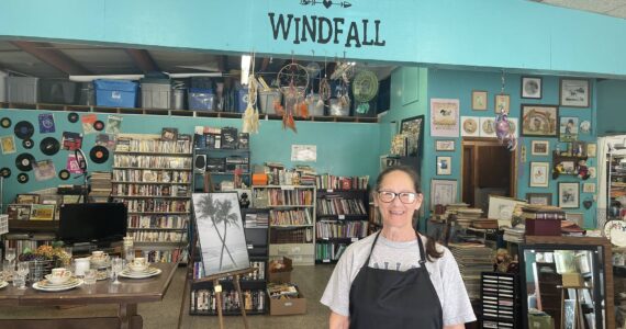 Lee Hunter, seen here in this photo, hopes you will stop by the Windfall Thrift Store, 181 Bogachiel Way, and see all the changes she has made! When you shop and donate at Windfall you are helping Mariposa House. All proceeds are used to support their advocacy programs. For now, Windfall is open on Wednesdays from 10:30 a.m. to 3:30 p.m.
And remember …do not leave donations outside the business. Wait until the store is open. Photo Christi Baron