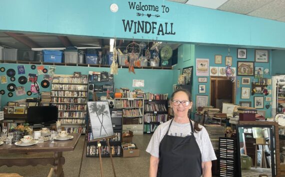Lee Hunter, seen here in this photo, hopes you will stop by the Windfall Thrift Store, 181 Bogachiel Way, and see all the changes she has made! When you shop and donate at Windfall you are helping Mariposa House. All proceeds are used to support their advocacy programs. For now, Windfall is open on Wednesdays from 10:30 a.m. to 3:30 p.m.
And remember …do not leave donations outside the business. Wait until the store is open. Photo Christi Baron