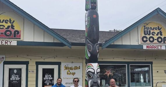 Recently Albert DaVeiga and Garrett Hull had the pleasure of helping Master Carver Bill Martin put the Totem Pole back up in Clallam Bay near the Sunsets West Co-op. For those attending Fun Days this weekend …check it out! Photo Garrett Hull