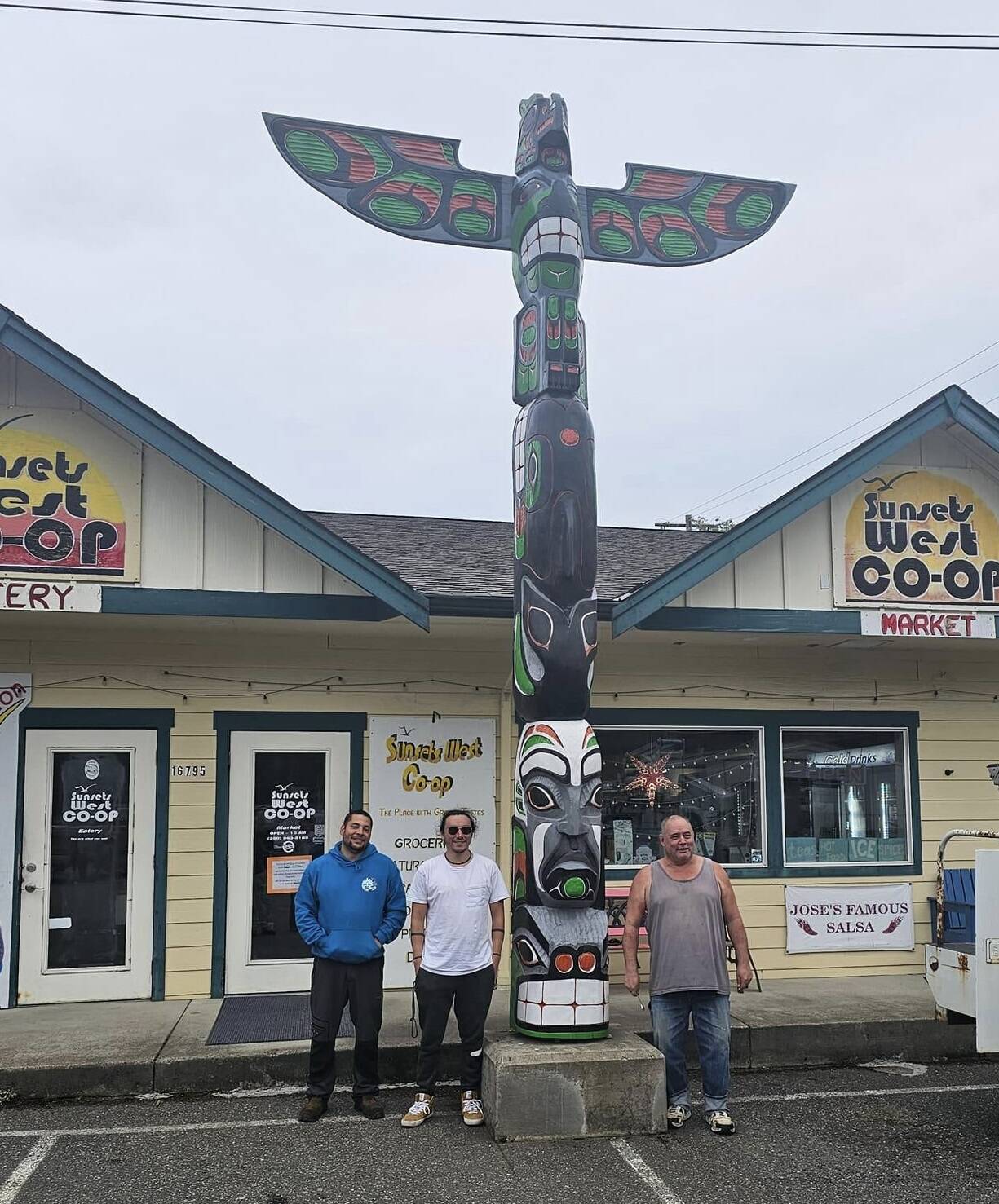 Recently Albert DaVeiga and Garrett Hull had the pleasure of helping Master Carver Bill Martin put the Totem Pole back up in Clallam Bay near the Sunsets West Co-op. For those attending Fun Days this weekend …check it out! Photo Garrett Hull