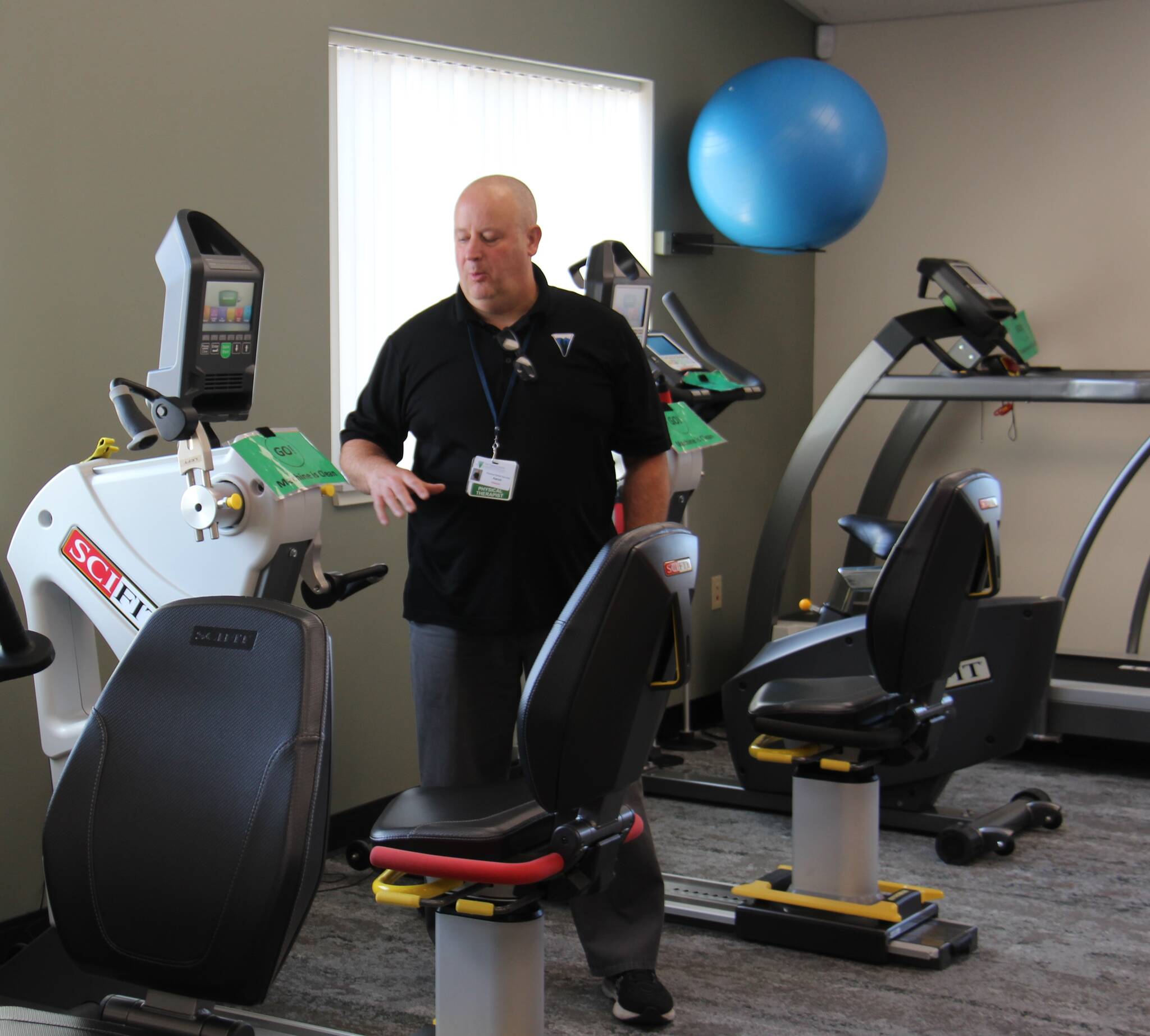 FCH CEO Anderson shared that renovations of the Leibold building took about 15 months. FCH staff did the renovation work. The former DSHS building was purchased by the hospital district in 2021. Here Physical Therapist Aaron Gee explains some of the new equipment that was recently purchased. The new physical therapy area also features several private exam rooms. The FCH physical therapy department offers physical, occupational, and massage therapies.