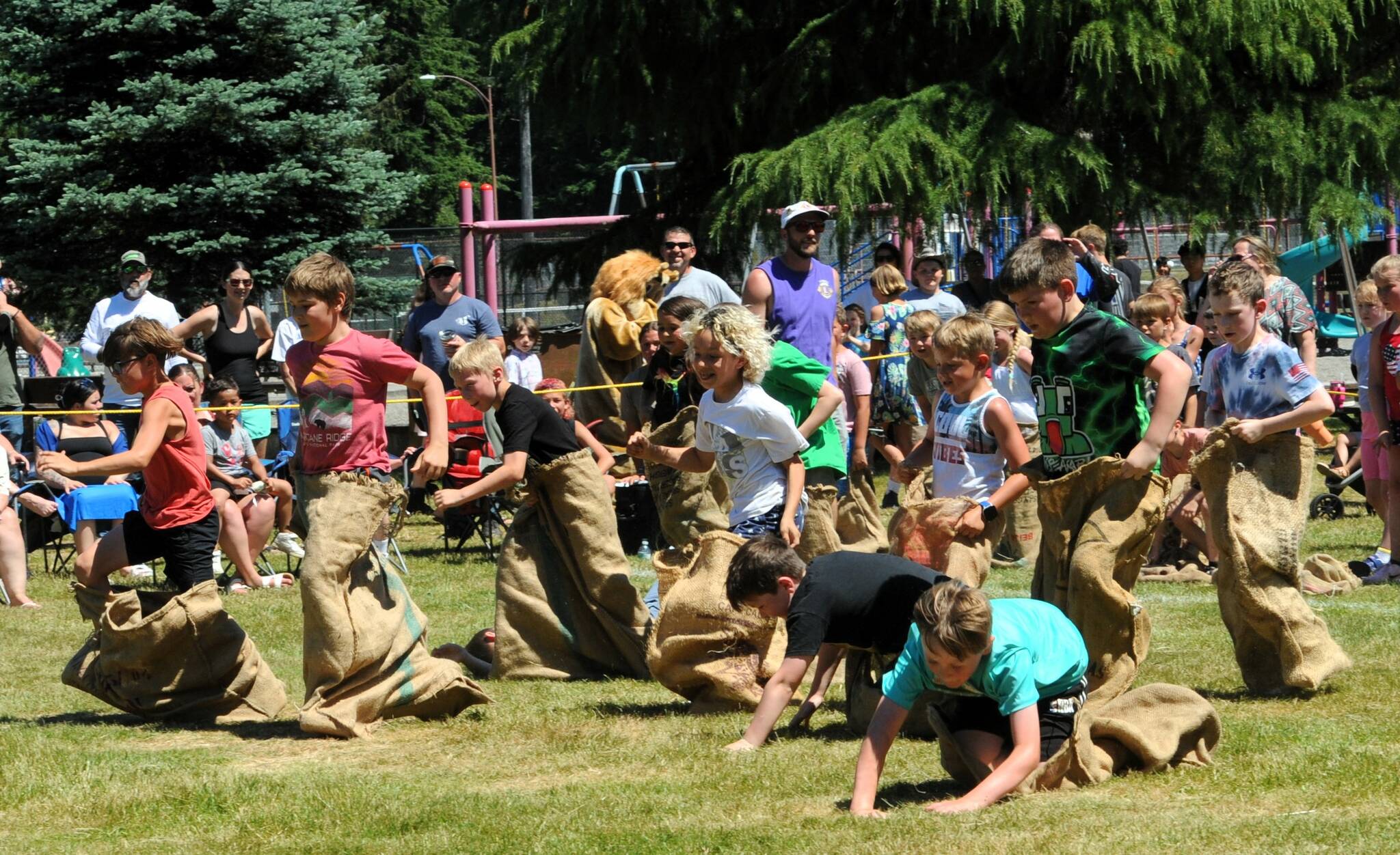 There were many ups and downs during the eight and nine-year-old gunny sack races on Sunday, July 7 at Tillicum Park. Photo by Lonnie Archibald