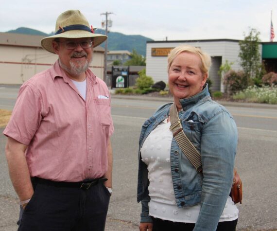 <p>Rod Fleck City of Forks and Una Wirkebau Recompete Plan Coordinator stopped by the Forks Forum last Wednesday during a tour of many entities in Forks. Photo Christi Baron</p>