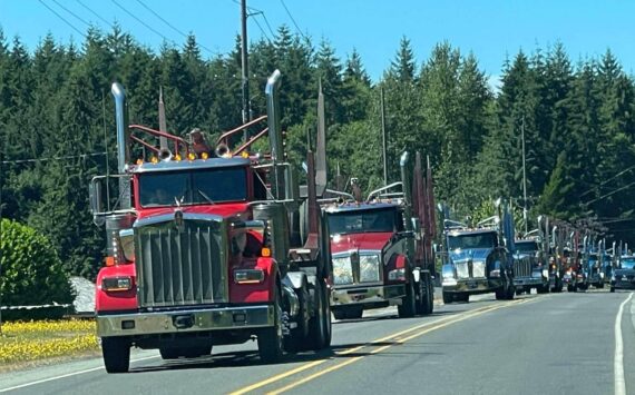 On Saturday afternoon a truck procession of almost 50 trucks paid tribute to fellow truck driver Paul Haugh. The trucks were escorted by law enforcement through town and then proceeded to the Forks Elks Lodge for Paul’s celebration of life. Photo Mike Zavadlov