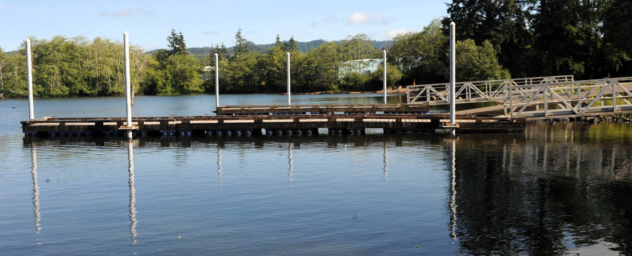 The dock at the Lake Pleasant County Park was reinstalled as of Thursday, July 18. On Friday Don Crawford Director of Parks, Fairs, and Facilities for Clallam County said, “The park and the pier should be open early. The press release did say next Friday, July 26 for opening but, I am optimistic about a sooner time frame. There will be some residual minor efforts for a couple of weeks but, they shouldn’t affect the public enjoyment of the facility.” Photo by Lonie Archibald