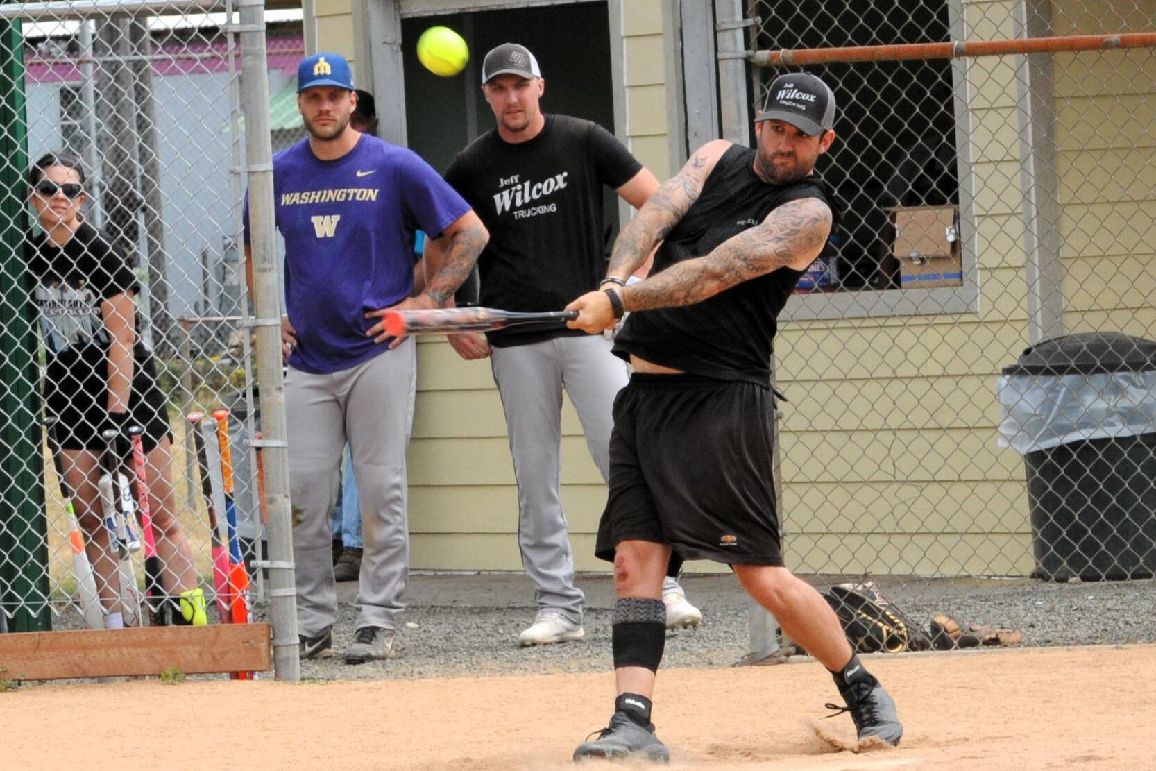 Dustin Gaydesk hits for Hit For Brains during the championship game. Photo Lonnie Archibald