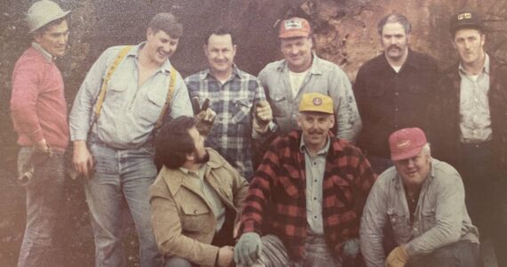 This group assisted with the installation of the 1970s-era Big Log …Ron Plaines, Craig Fletcher, Guy Decker, Walt Fuhrman, Jack Zaccardo, Roger Addleman, (front) Carl Fisher, Bill Chaney and Dean Hurn. Photo Adria Fuhrman