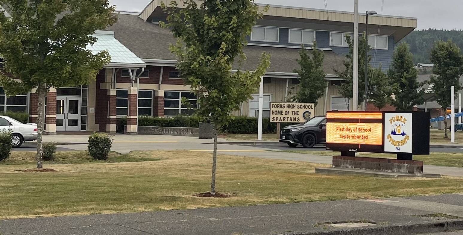 Students returning to Forks High School in September (just a few weeks away) will be greeted by a new digital sign. Quillayute Valley School District Superintendent Diana Reaume said, “One of the QVSD overall goals is to promote our student successes, and so we put our new reader board in to highlight students (pictures of events, senior pictures, etc.) and to provide another way to communicate with our families.” She added that the installation had taken longer than expected. Photo Christi Baron