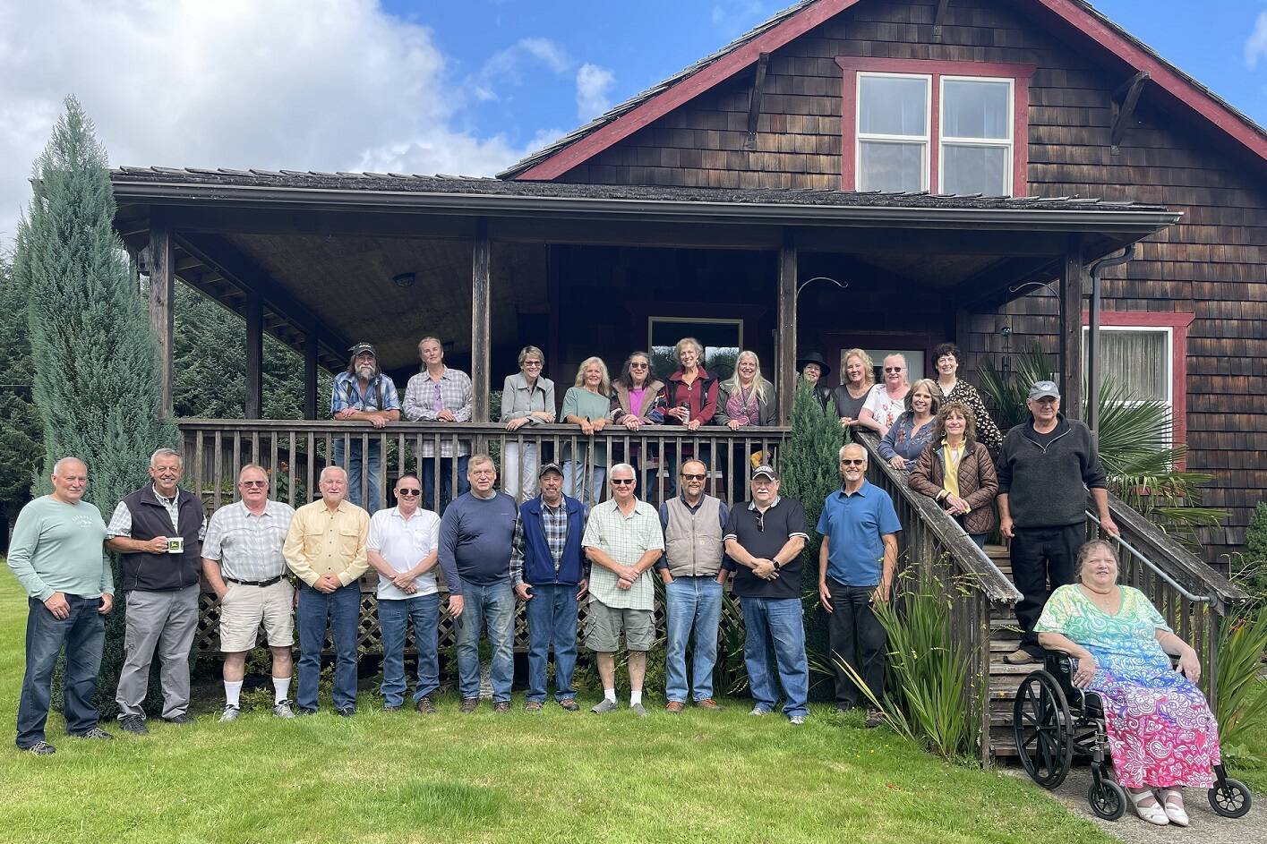 The FHS Class of 1974 got together Saturday, Aug. 24, 2024, for a picnic reunion. Thanks to classmate Rita Klahn Spoelstra and her spouse John the event was hosted at the Spoelstra Farm.
Top row (L-R) George Hirsch, Rita Klahn, Judy Conlow, Marion Micheau, Donita Hansen, Linda McCann, Mary McCann, Lori Kelso (hiding behind the shrub), Donnelle Iotte, Deb Goos, and Deb Palmer; on the steps JoMarie Dahlgren, Christi Olson, Mark Soderlind and Carla Loomis; Standing (L-R) Dave Watson, Larry Woody, Jeff Sullivan, Kent Thomas, Don Leavitt, Kevin Borde, Bruce Mielke, Tim Birley, Mark Hitchcock, Robbie Jackson, and Paul Anderson. (School names used) Photo Carin Hinchen Hirsch