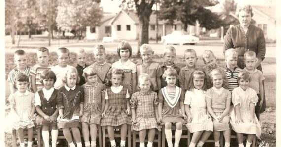 Where it all started Kindergarten with Miss Studebaker …Spartan Avenue in the background …four of us in the photo were at the reunion…three are gone, that I know of, and some are lost to time …