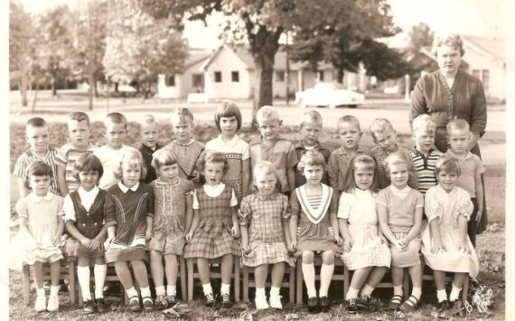 Where it all started Kindergarten with Miss Studebaker …Spartan Avenue in the background …four of us in the photo were at the reunion…three are gone, that I know of, and some are lost to time …