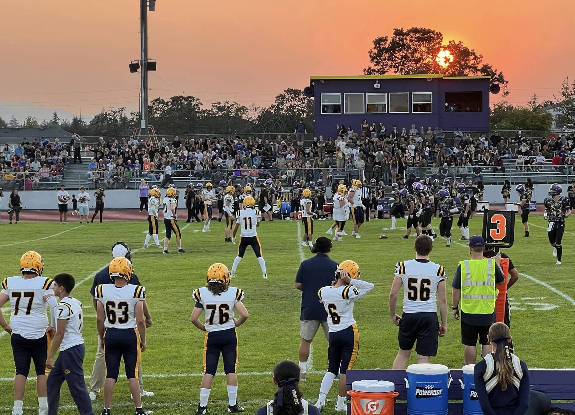 A bit of a smoky sky and sunset could be seen in Sequim as the Spartans took on the Wolves on Friday evening. Photo Sarah Hanson