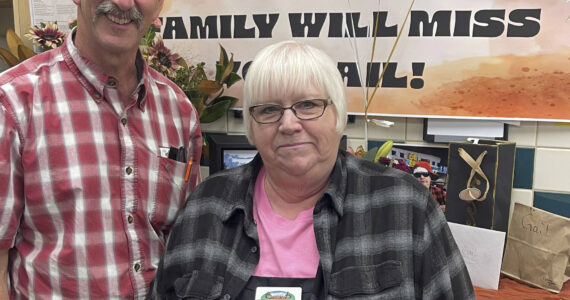 Gail Lingvall worked her last shift, 4 p.m. - 9 p.m., at Forks Outfitters on Thursday, Sept. 5, 2024. Gail has been at the store for 22 years! Her coworkers threw a small party for her at the service center on her last night. Gail is seen here with Outfitters owner Bruce Paul. “Thank you Gail for the many years of great customer service! you will be missed.” Submitted photo