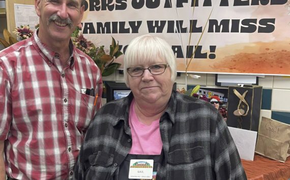 Gail Lingvall worked her last shift, 4 p.m. - 9 p.m., at Forks Outfitters on Thursday, Sept. 5, 2024. Gail has been at the store for 22 years! Her coworkers threw a small party for her at the service center on her last night. Gail is seen here with Outfitters owner Bruce Paul. “Thank you Gail for the many years of great customer service! you will be missed.” Submitted photo