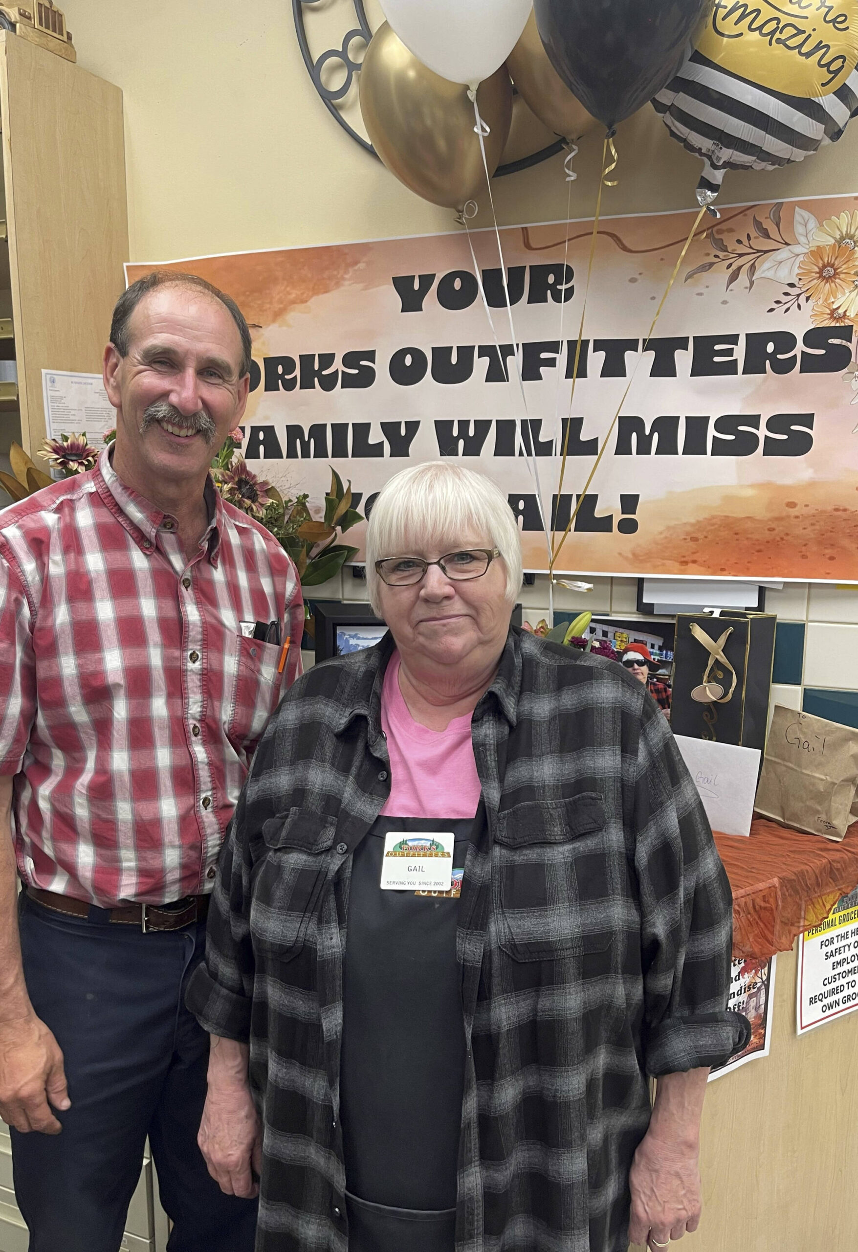 Gail Lingvall worked her last shift, 4 p.m. - 9 p.m., at Forks Outfitters on Thursday, Sept. 5, 2024. Gail has been at the store for 22 years! Her coworkers threw a small party for her at the service center on her last night. Gail is seen here with Outfitters owner Bruce Paul. “Thank you Gail for the many years of great customer service! you will be missed.” Submitted photo