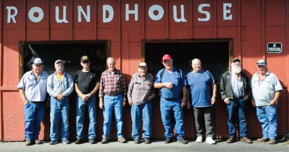 Pictured here are some of the retired truckers and loggers who gathered for the Logger and Trucker Picnic Saturday at the Roundhouse in Forks. From left are Barry Swanson, Pat Ruble, Richard Halverson, Rudy Drollz, Clark Browning, Pete Strom, Bob Reidel, Avery Bumgarner, and Dave Micheau. Can anyone calculate how many “Man-hours” these guys have worked? Photo by Lonnie Archibald