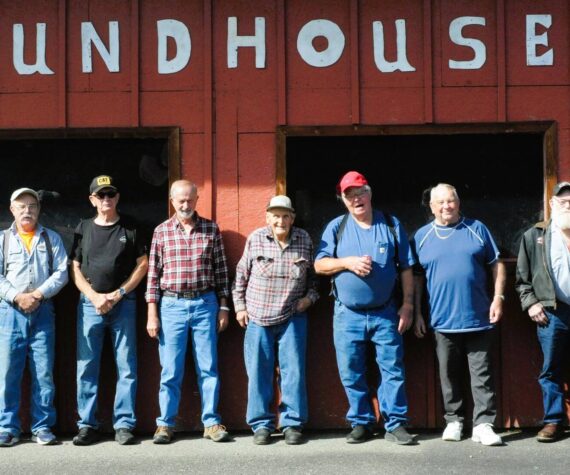 Pictured here are some of the retired truckers and loggers who gathered for the Logger and Trucker Picnic Saturday at the Roundhouse in Forks. From left are Barry Swanson, Pat Ruble, Richard Halverson, Rudy Drollz, Clark Browning, Pete Strom, Bob Reidel, Avery Bumgarner, and Dave Micheau. Can anyone calculate how many “Man-hours” these guys have worked? Photo by Lonnie Archibald