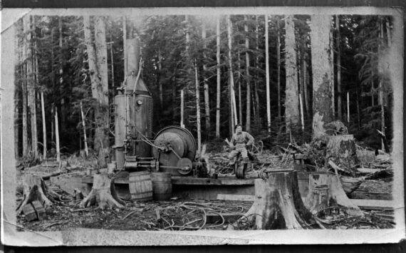 There will be two chances to enjoy a narrated video presentation of logging history on Oct. 11 and 12 at West End NOLS branches. Here an unidentified man is seated on a single-drum donkey engine, Forks. Late 19th to early 20th century; Bert Kellogg Collection.