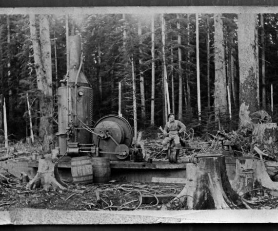 There will be two chances to enjoy a narrated video presentation of logging history on Oct. 11 and 12 at West End NOLS branches. Here an unidentified man is seated on a single-drum donkey engine, Forks. Late 19th to early 20th century; Bert Kellogg Collection.