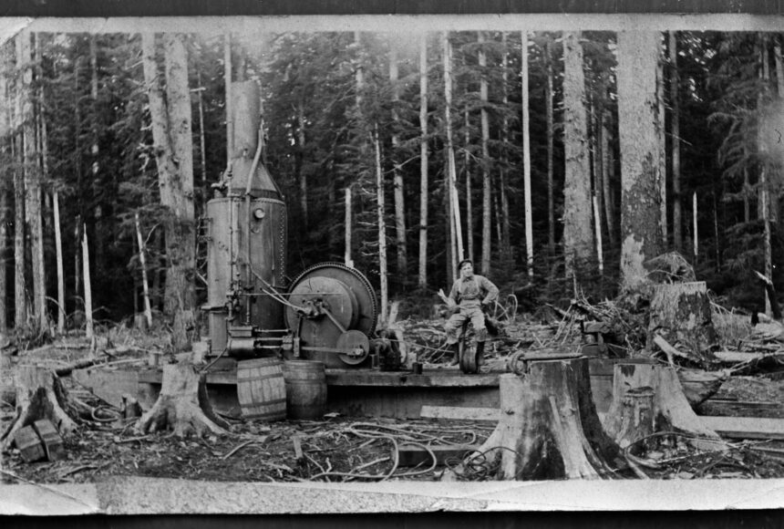 <p>There will be two chances to enjoy a narrated video presentation of logging history on Oct. 11 and 12 at West End NOLS branches. Here an unidentified man is seated on a single-drum donkey engine, Forks. Late 19th to early 20th century; Bert Kellogg Collection.</p>