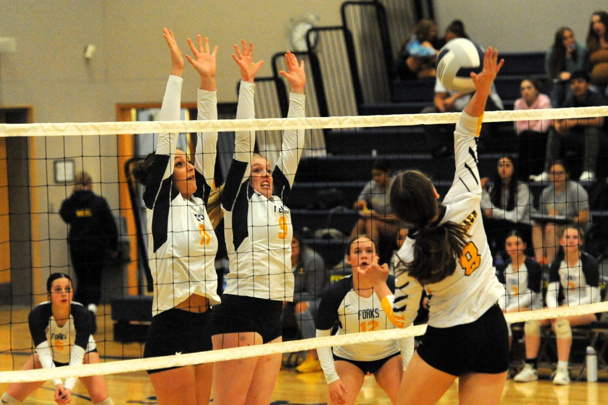 There was a lot of hustle and some great saves shown by both teams at the Spartan Gym on Thursday, Oct. 11 where Forks defeated North Beach 3 to 0. Pictured here going for the block are Spartans Avery Dillley and Keana Rowley. Backing up the play are Chloe Gaydeski (6) and Fyn Peters (12). Photo by Lonnie Archibald