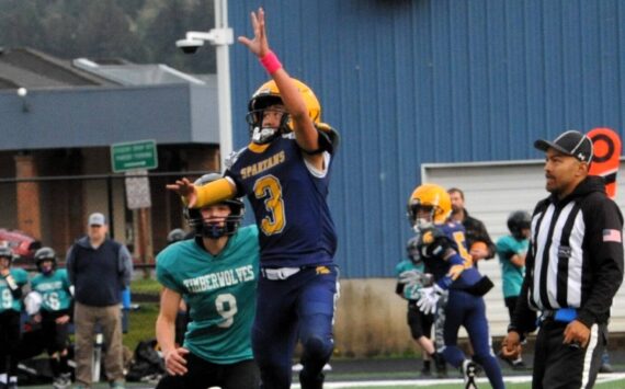 Spartan Ryder Fletcher reaches for a high pass against the Timberwolves who defeated the Spartans 25 to 13 in middle school action at Spartan Stadium.
Photo by Lonnie Archibald