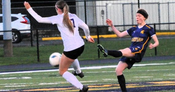 Spartan Allie Coons kicks past Adna who defeated Forks in this league contest at Spartan Stadium. Photo by Lonnie Archibald