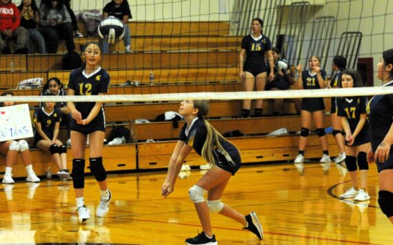 The Forks 7th grade volleyball team defeated Blue Heron 3 to 0. The 7th graders from left are Olivia Black (12), Lillian Crippen (1), Raven Sherman (17), and Ileana Salazar (44), The FMS 8th grade also defeated Blue Heron 3 to 0. Photo by Lonnie Archibald